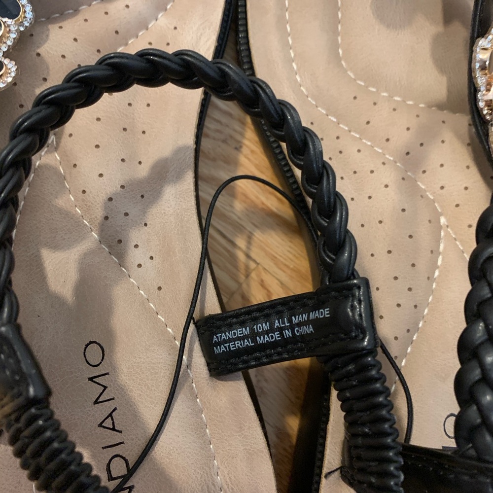 Black and Gold T-Strap Sandals with Floral Embellishments - Picture 5 of 5